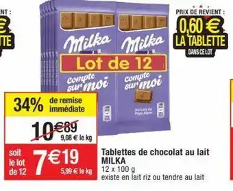 Migros Chocolat au lait milka offre
