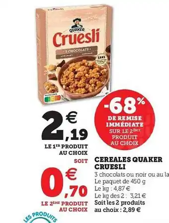 U Express Céréales Quaker Cruesli -68% De Remise Immédiate Sur Le 2ème Produit Au Choix offre