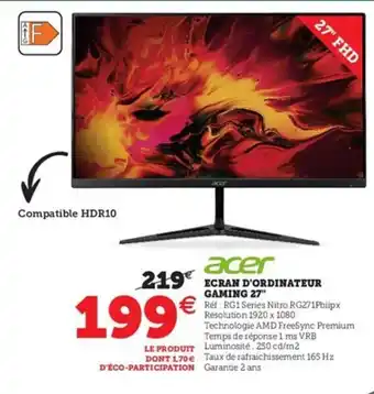 Hyper U Acer Ecran d'Ordinateur Gaming 27 offre