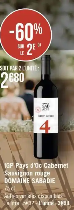 Géant Casino Domaine sabadie igp pays d’oc cabernet sauvignon rouge offre