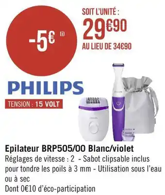 Géant Casino Philips epilateur brp505/00 blanc/violet offre