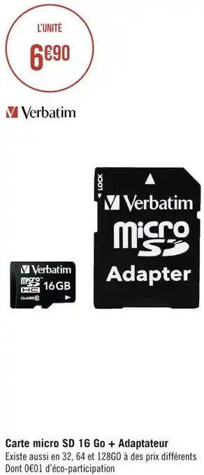 Verbatim carte micro sd 16 go + adaptateur
