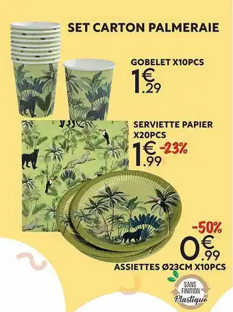 Set Carton Palmeraie : Gobelet X10pcs, Serviette Papier X20pcs, Assiette X10pcs