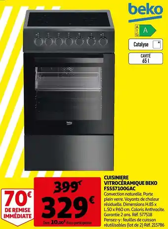 Auchan Beko cuisiniere vitrocéramique fss57100gac offre