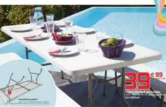 Gifi €99 copart 2.20€ table pliante 6 personnes dim. 180x74x74 cm, plastique, métal ref.580664 les pieds se plient pour un enco offre