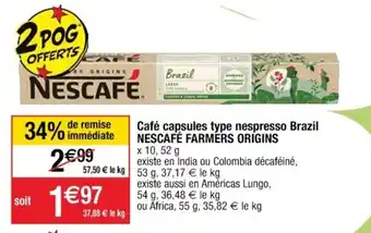 Cora x Carrefour Café capsules type nespresso brazil NESCAFÉ FARMERS ORIGINS offre