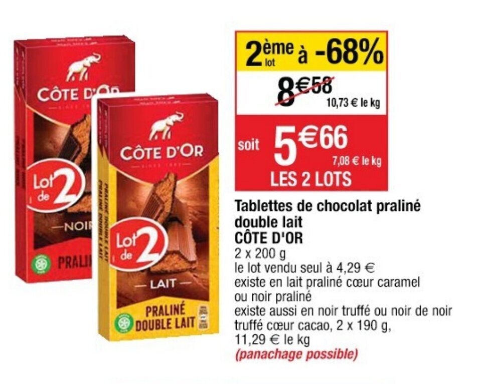 Promo Tablettes de chocolat praliné double lait COTE D'OR chez Cora