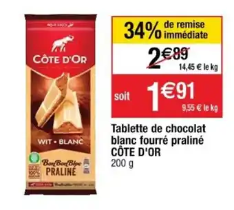 Cora x Carrefour Tablette de chocolat blanc fourré praliné COTE D'OR offre