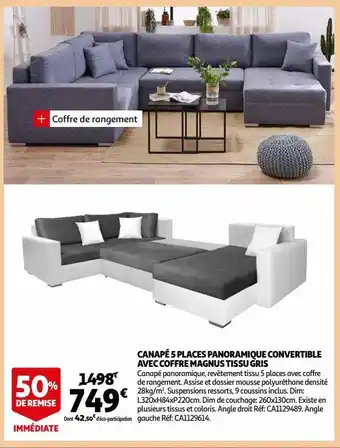 Auchan Canapé 5 places panoramique convertible avec coffre magnus tissu gris offre