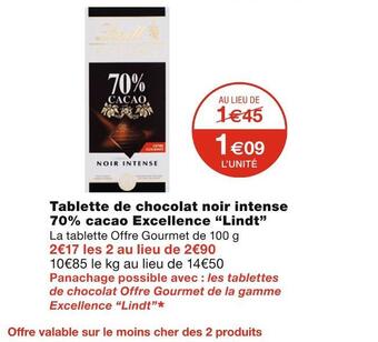 Monoprix Lindt tablette de chocolat noir intense 70% cacao excellence offre