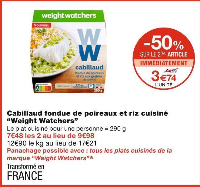 Promo Weight watchers cabillaud fondue de poireaux et riz cuisiné chez