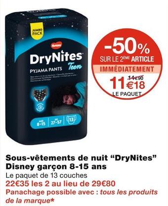 Monoprix Drynites sous-vêtements de nuit disney garçon 8-15 ans offre