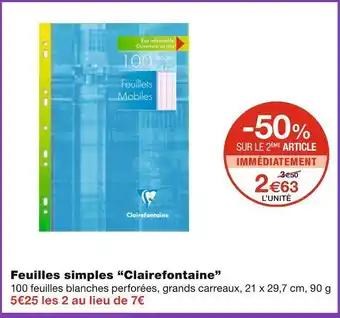Monoprix Clairefontaine feuilles simples “clairefontaine” offre