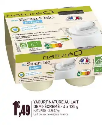 naturéO Yaourt Nature Au Lait Demi-écrémé - 4 X 125 G offre