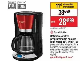 Cora x Carrefour Cafetière à Filtre Programmable Colours Plus Rouge Russell Hobbs offre