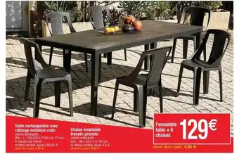 Cora x Carrefour Table Rectangulaire Avec Rallonge Imitation Rotin, Chaise Empilable Tressée Procida offre