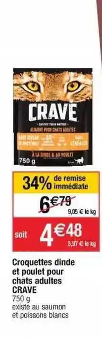 Cora x Carrefour Croquettes Dinde Et Poulet Pour Chats Adultes Crave offre