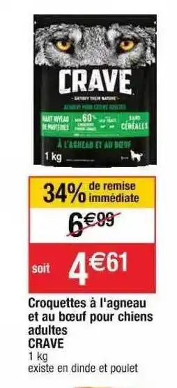 Cora x Carrefour Croquettes à L'agneau Et Au Bœuf Pour Chiens Adultes Crave offre