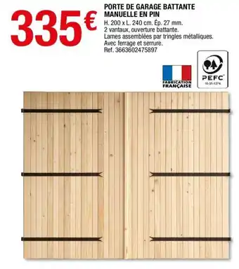 Brico Dépôt Porte de garage battante manuelle en pin offre