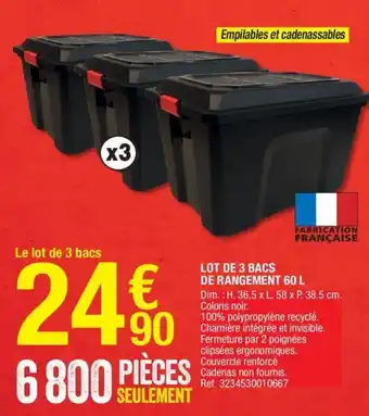 Lot de 3 bacs de rangement 60 L
