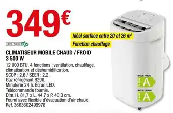 Brico Dépôt Climatiseur mobile chaud/ froid 3 500 W offre