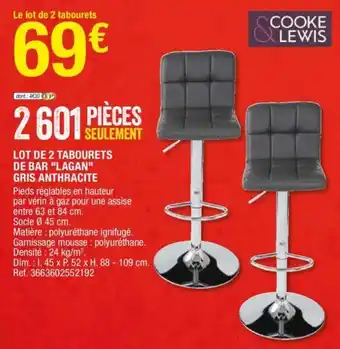 Brico Dépôt Lot de 2 tabourets de bar "lagan" gris anthracite offre