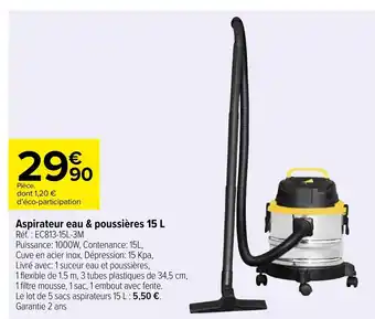 Carrefour Aspirateur eau & poussières 15 L offre