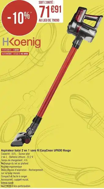 H.koenig aspirateur balai 2 en 1 sans fil easyclean up600 rouge