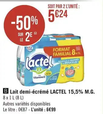 Géant Casino Lactel lait demi-écrémé 15,5% m.g. offre