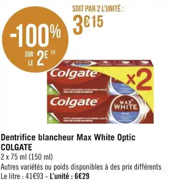 Géant Casino Colgate dentifrice blancheur max white optic offre