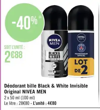 Géant Casino Nivea men déodorant bille black & white invisible original offre