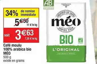 Cora x Carrefour Café Moulu 100% Arabica Bio Méo offre