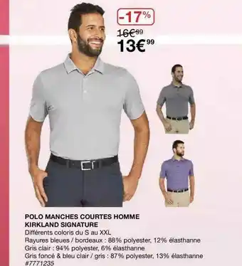 Costco Polo Manches Courtes Homme Kirkland Signature offre