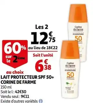 Auchan Corine de farme lait protecteur spf 50+ offre
