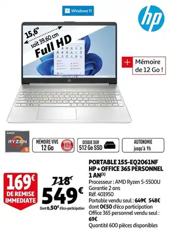 Auchan Hp portable 15s-eq2061nf + office 365 personnel 1 an offre