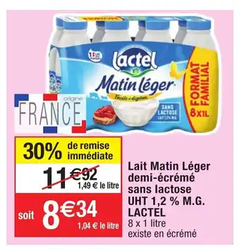Migros Lait Matin Léger Demi-écrémé Sans lactose UHT 1,2% M.G Lactel offre