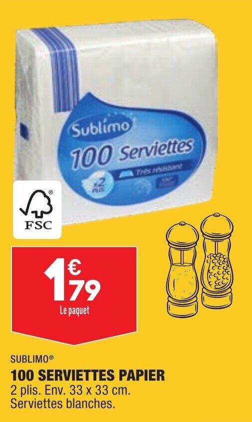 Promo SUBLIMO 100 serviettes papier chez ALDI