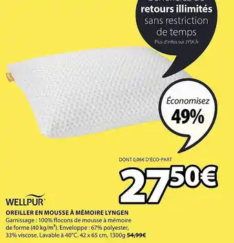 JYSK Oreiller En Mousse à Mémoire Lyngen Wellpur offre