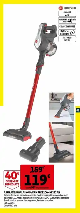 Auchan Aspirateur balai hoover h free 100 - hf122ah offre