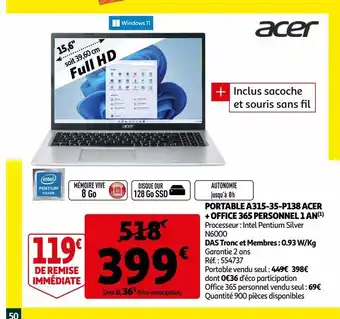 Auchan Portable a315-35-p138 acer + office 365 personnel 1 an offre