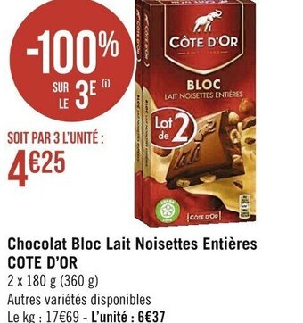 Casino Supermarchés Chocolat bloc lait noisettes entières COTE D'OR offre