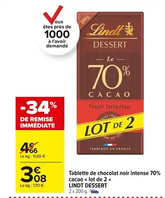 Lindt dessert tablette de chocolat noir intense 70% cacao lot de 2