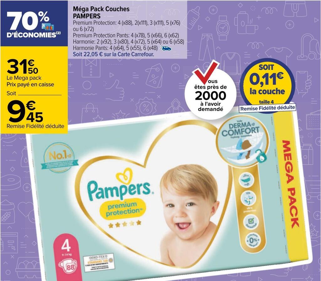 Promo Pampers méga pack couches chez Carrefour