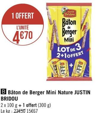 Géant Casino Justin bridou bâton de berger mini nature offre