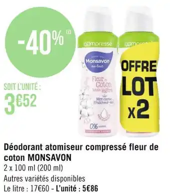 Géant Casino Monsavon déodorant atomiseur compressé fleur de coton offre