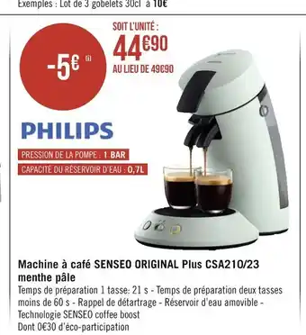 Géant Casino Philips machine à café senseo original plus csa210/23 menthe pâle offre