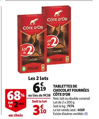 Auchan Côte d'or tablettes de chocolat fourrées offre