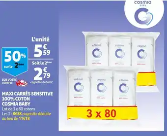 Auchan Cosmia maxi carrés sensitive 100% coton baby offre