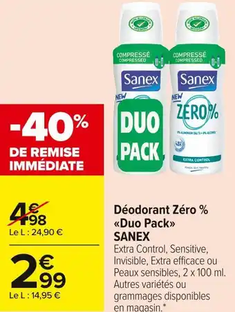 Carrefour Market Sanex déodorant zéro % duo pack offre