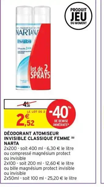 Intermarché Déodorant Atomiseur Invisible Classique Femme Narta offre